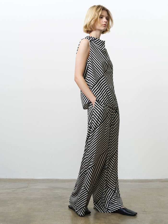Monochrome Striped Damasco Cowl Neck Tank Top