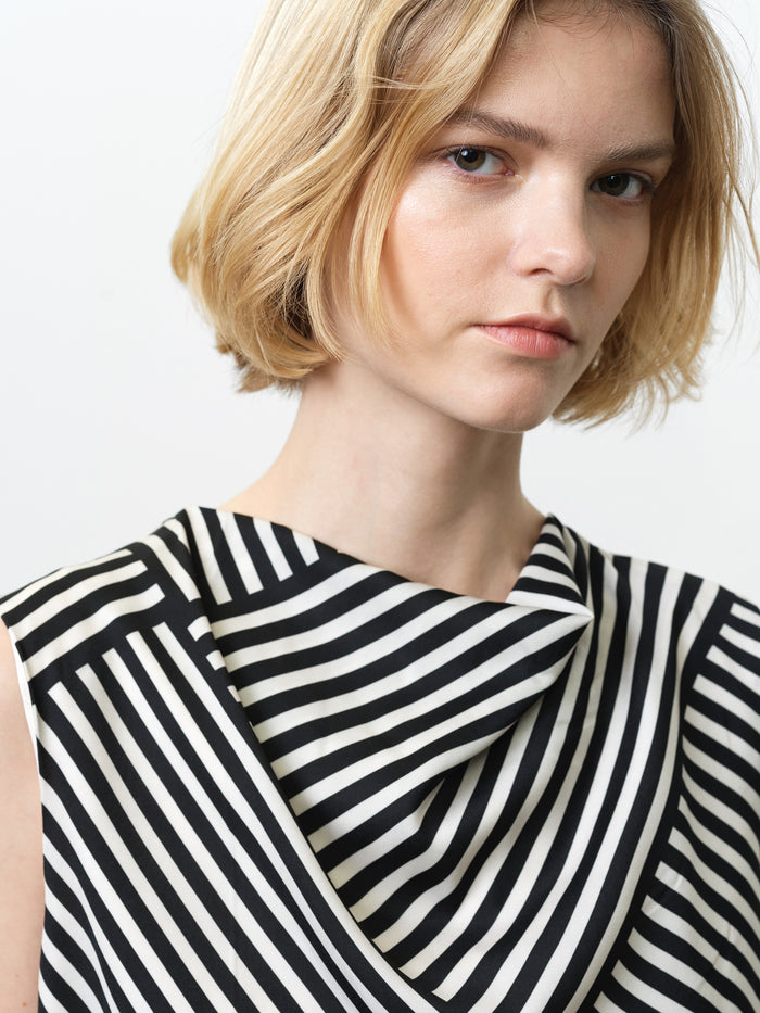 Monochrome Striped Damasco Cowl Neck Tank Top