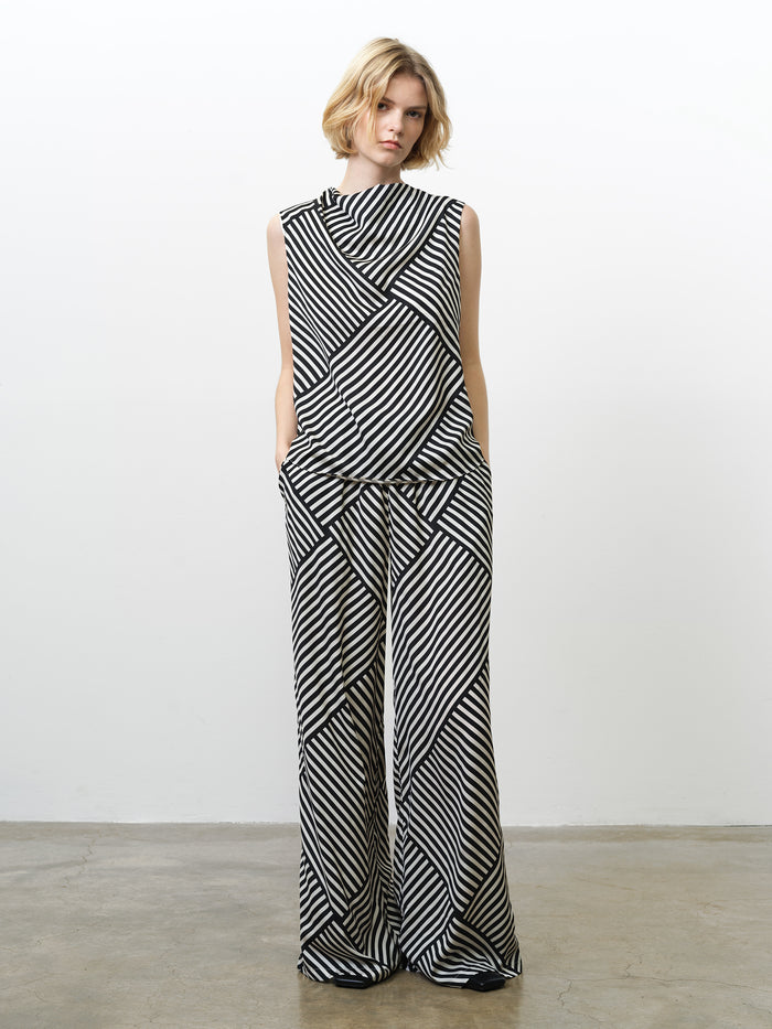 Monochrome Striped Damasco Cowl Neck Tank Top