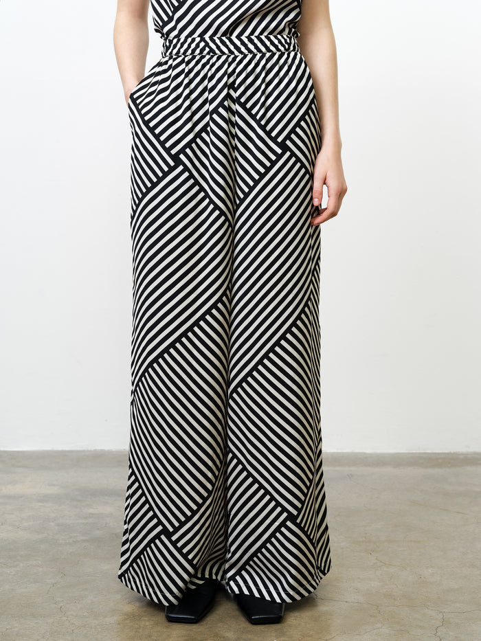 Monochrome Striped Damasco Pull-On Wide Leg Trousers