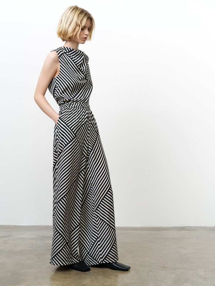 Monochrome Striped Damasco Pull-On Wide Leg Trousers