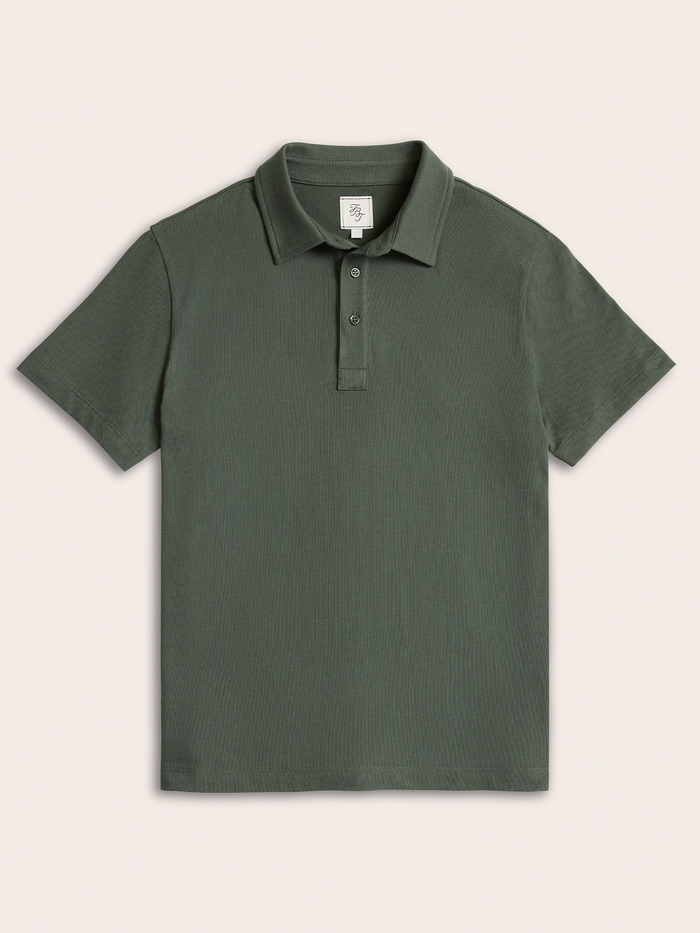 Moss green cotton pique polo shirt laid flat, front view, buttoned collar