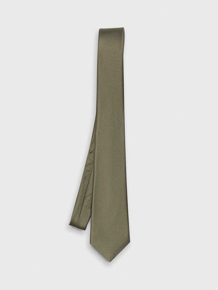 Moss silk necktie with twill texture, hanging against a white background