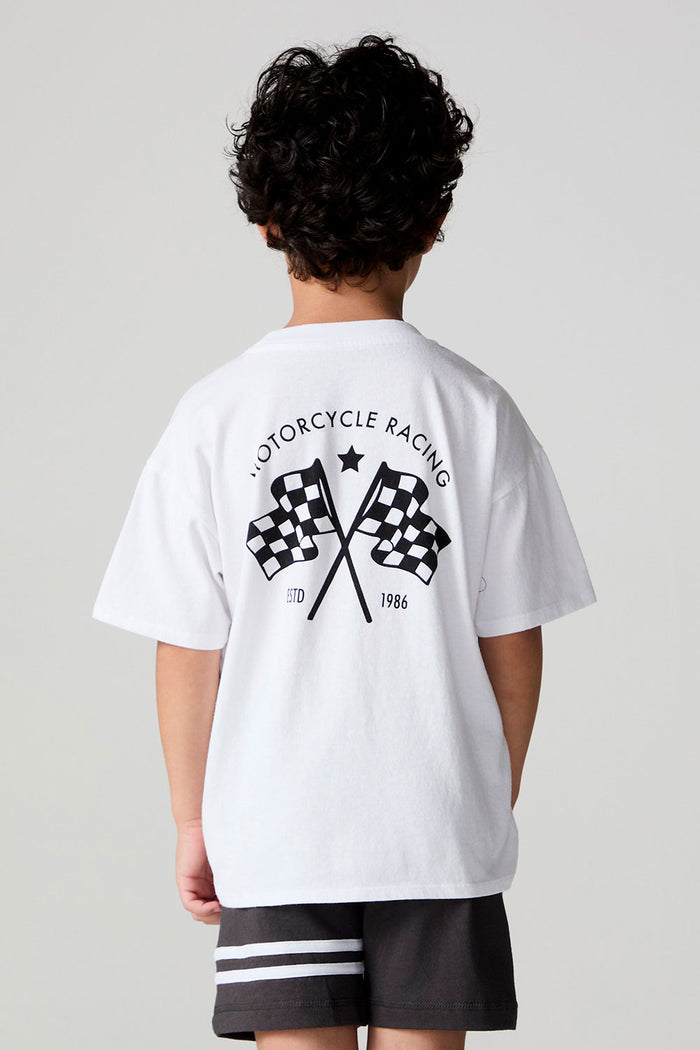 Back view of a boy wearing the Chaser  Motor Racing Tee on a neutral background