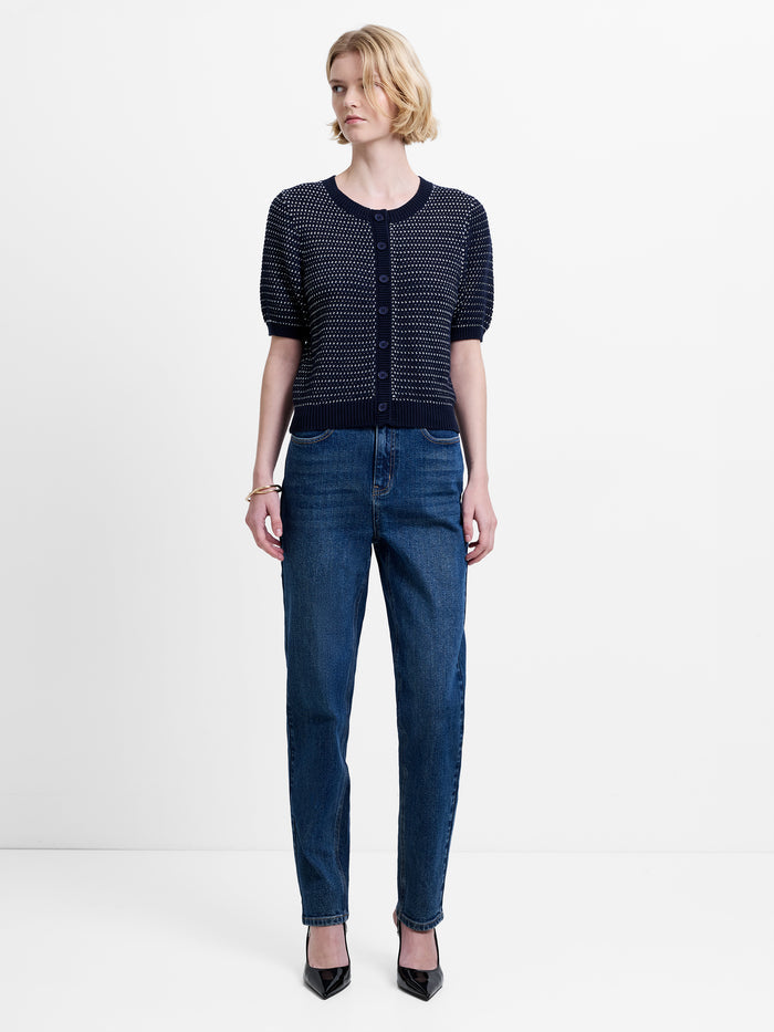 Mozart Knit Puff Sleeve Faux Button Navy Top