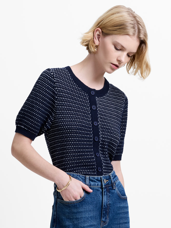 Mozart Knit Puff Sleeve Faux Button Navy Top