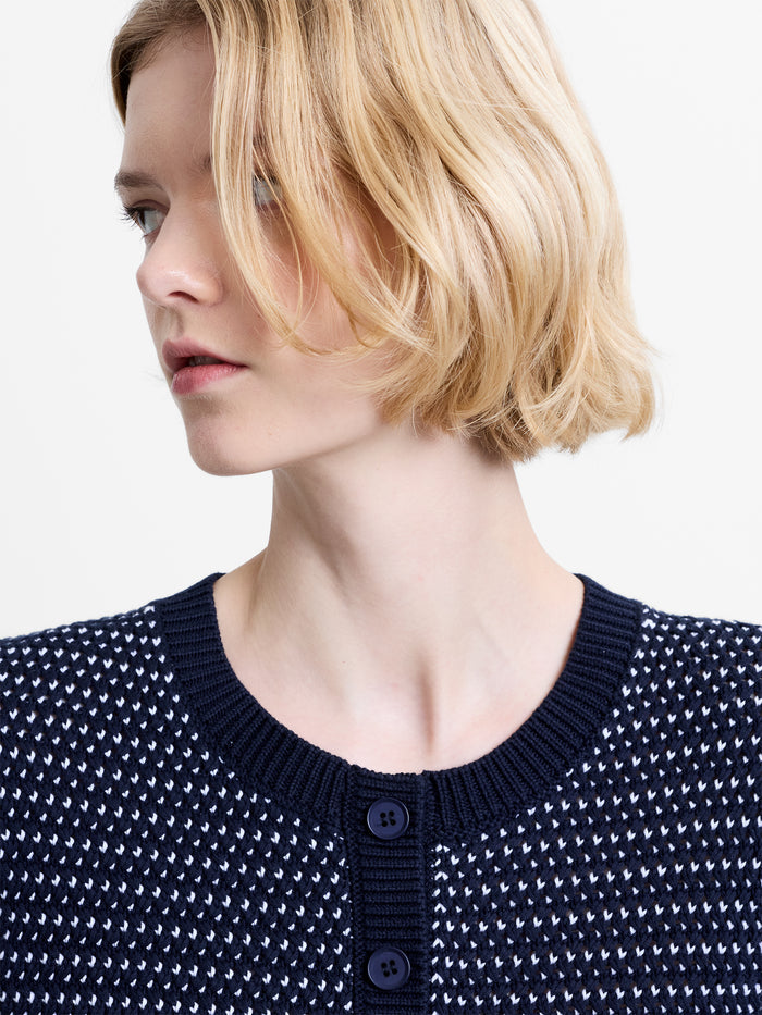 Mozart Knit Puff Sleeve Faux Button Navy Top