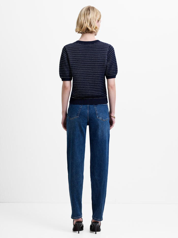 Mozart Knit Puff Sleeve Faux Button Navy Top