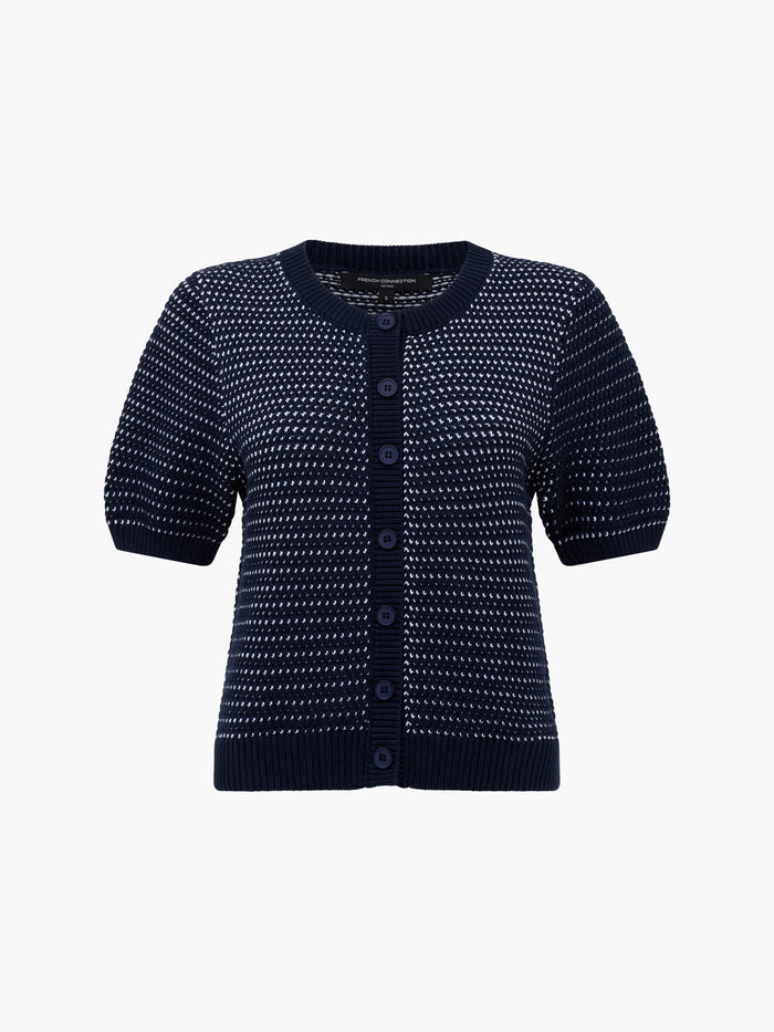 Mozart Knit Puff Sleeve Faux Button Navy Top