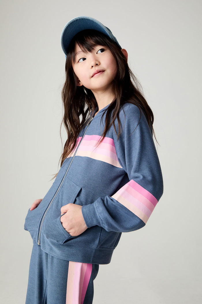 Full body front view of a girl wearing the Chaser Multi Stripes Girls Hoodie on a neutral background with hat