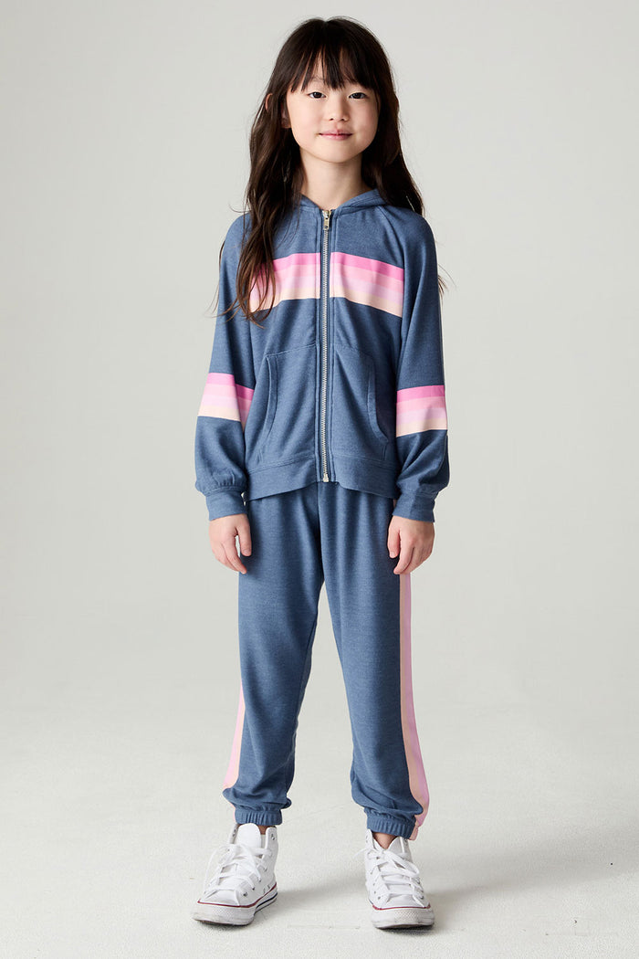 Full body front view of a girl wearing the Chaser Multi Stripes Girls Hoodie on a neutral background with pants