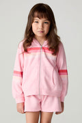 Front view of a girl wearing the Chaser Multi Stripes Girls Zip Up on a neutral background with  matching shorts