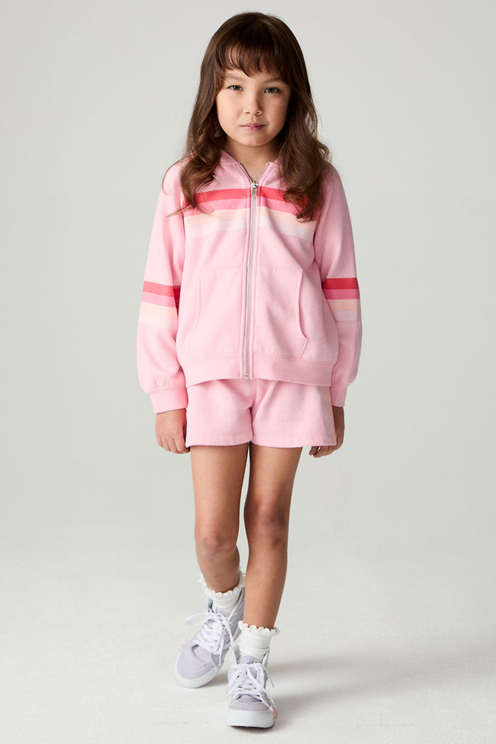 A full body front view of a girl wearing the Chaser Multi Stripes Girls Zip Up on a neutral background