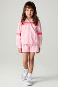 Full body front view of a girl wearing the Chaser Multi Stripes Shorts Girls Shorts on a neutral background with matching shorts