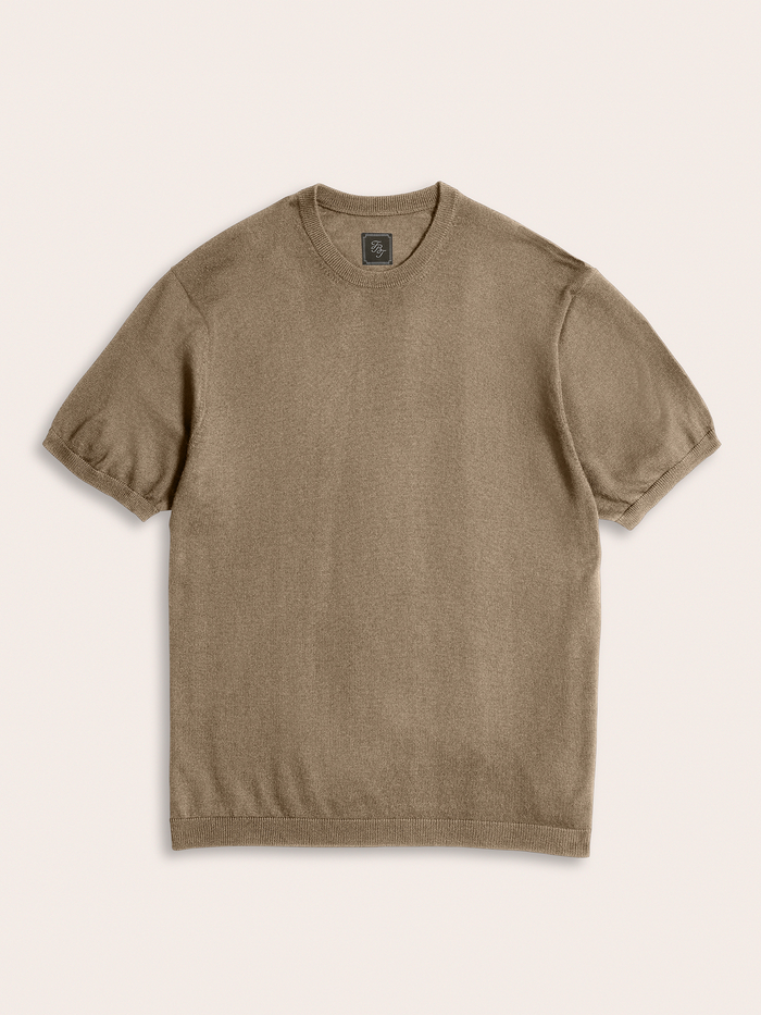 Mushroom brown sweater knit tee laid flat, short sleeves, crew neckline
