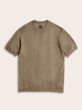 Mushroom brown sweater knit tee laid flat, short sleeves, crew neckline