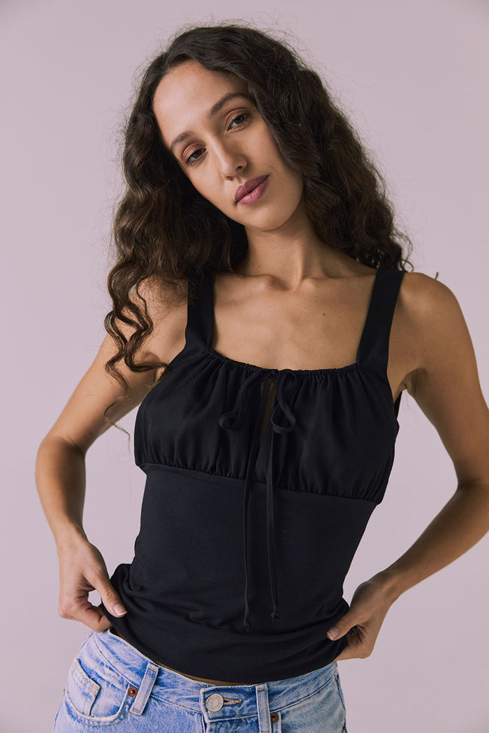 Chaser Nancy Black Tank displayed from the front with ruched bust detailing and wide straps in clean studio lighting