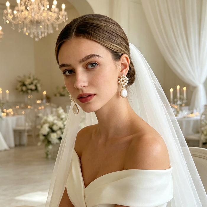Natural baroque pearl bridal earrings with freshwater pearl cluster and 14k gold plated details for elegant wedding jewelry