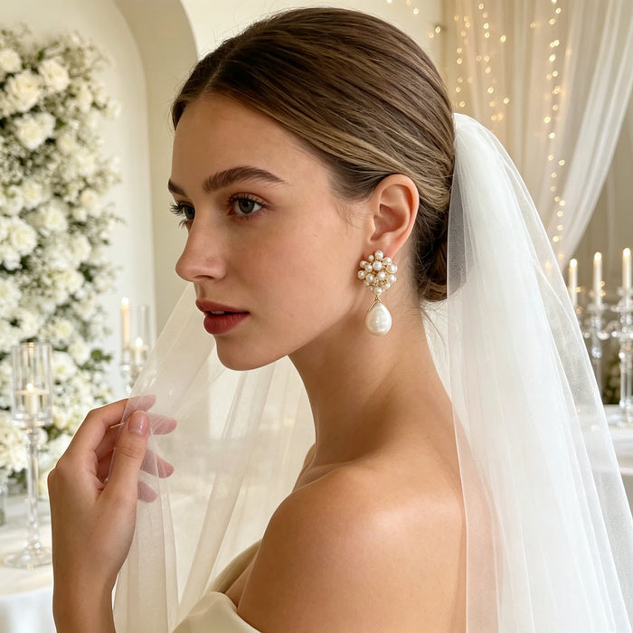Natural baroque pearl bridal earrings with freshwater pearl cluster and 14k gold plated details for elegant wedding jewelry
