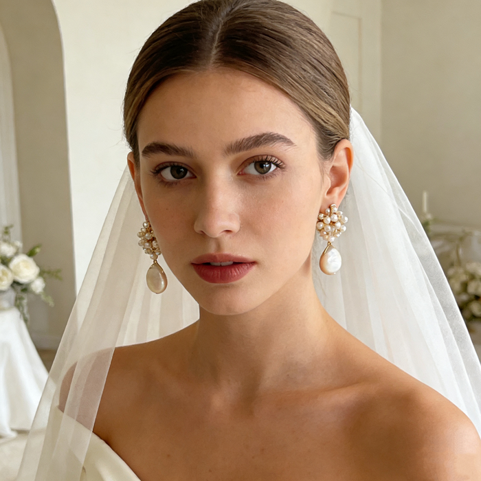 Natural baroque pearl bridal earrings with freshwater pearl cluster and 14k gold plated details for elegant wedding jewelry