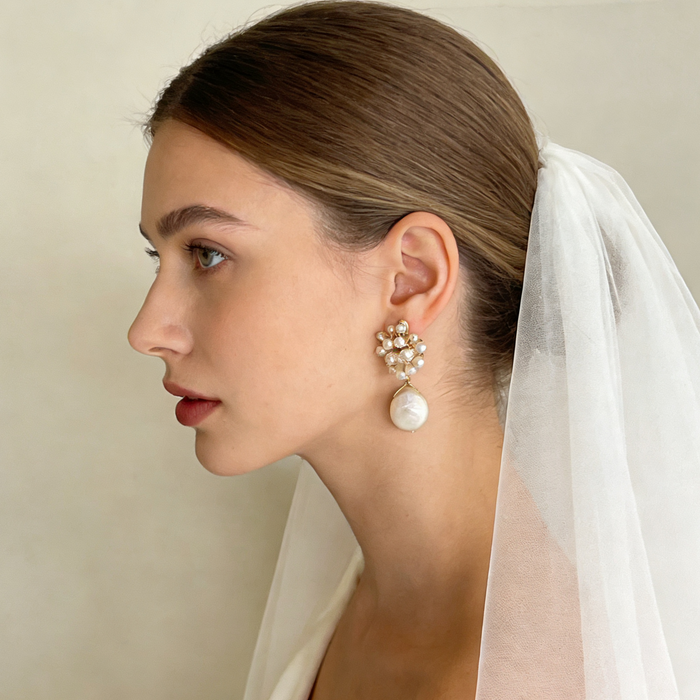 Natural baroque pearl bridal earrings with freshwater pearl cluster and 14k gold plated details for elegant wedding jewelry