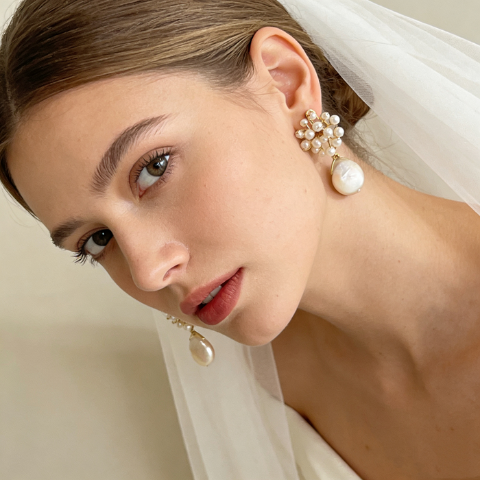 Natural baroque pearl bridal earrings with freshwater pearl cluster and 14k gold plated details for elegant wedding jewelry