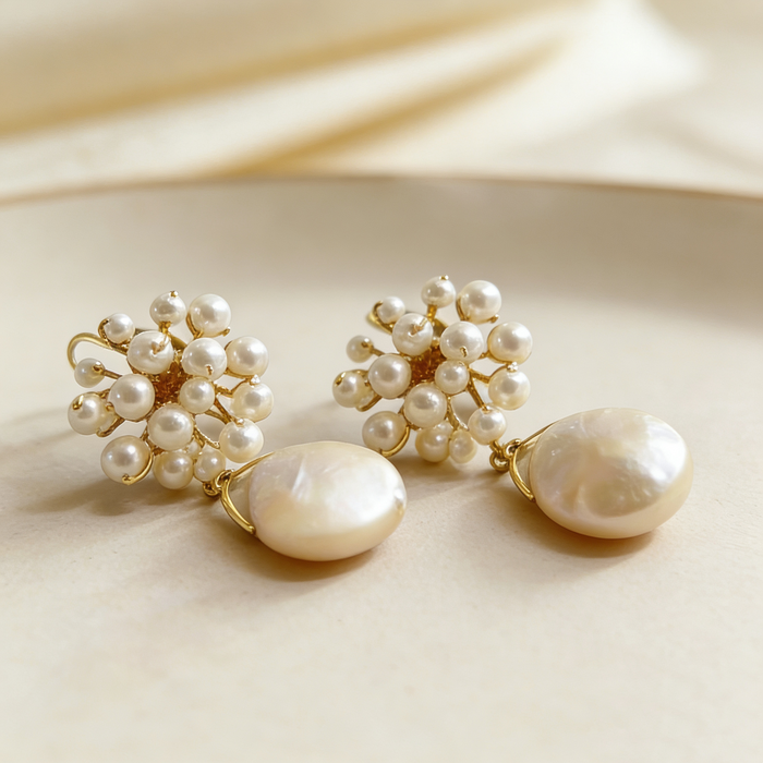 Handcrafted freshwater pearl cluster earrings with natural baroque pearl drops for brides and special occasions