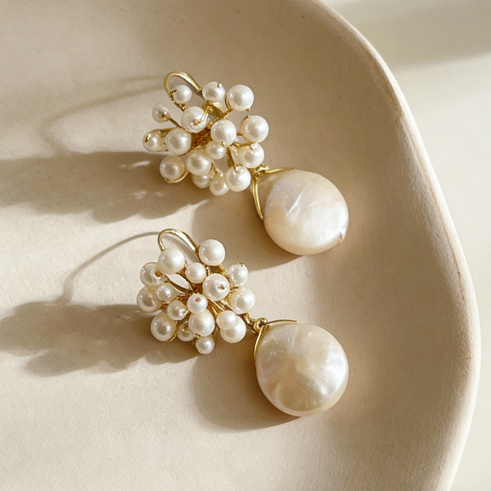 Handcrafted freshwater pearl cluster earrings with natural baroque pearl drops for brides and special occasions