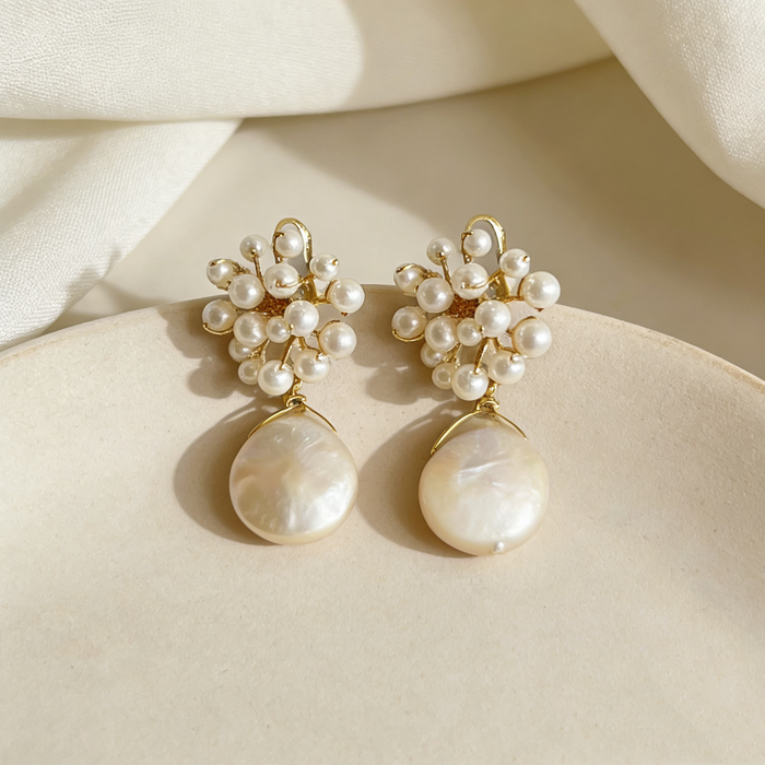 Handcrafted freshwater pearl cluster earrings with natural baroque pearl drops for brides and special occasions