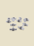 Silver-tone cufflink and stud set with rope-wrap tube centers, on a cream background.