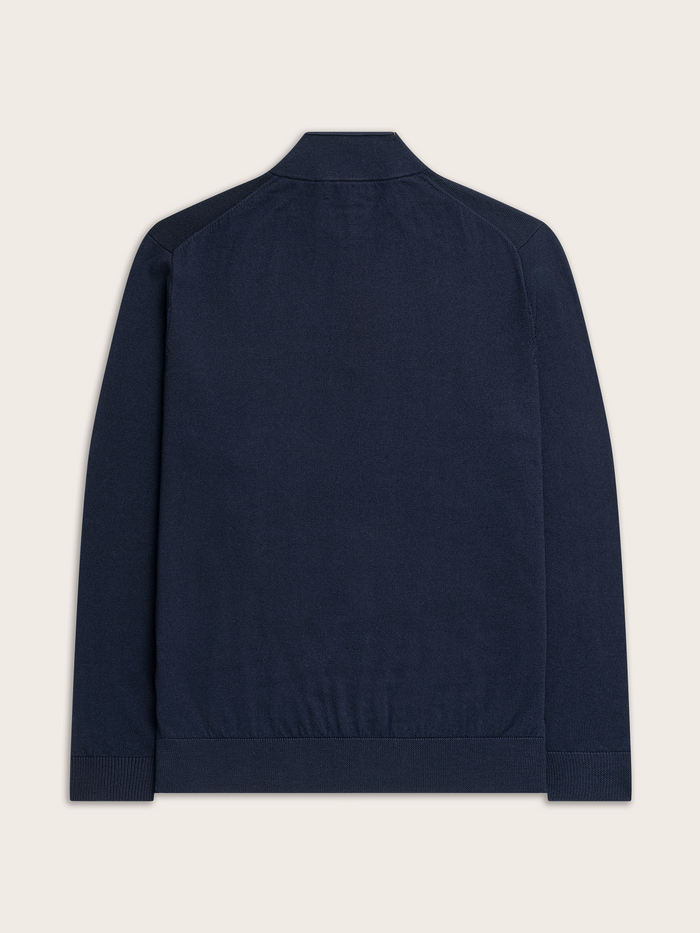 Navy quarter-zip sweater laid flat, back view