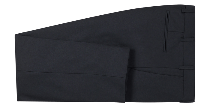 Navy blue suit pants folded flat, welt back pocket and belt loops visible