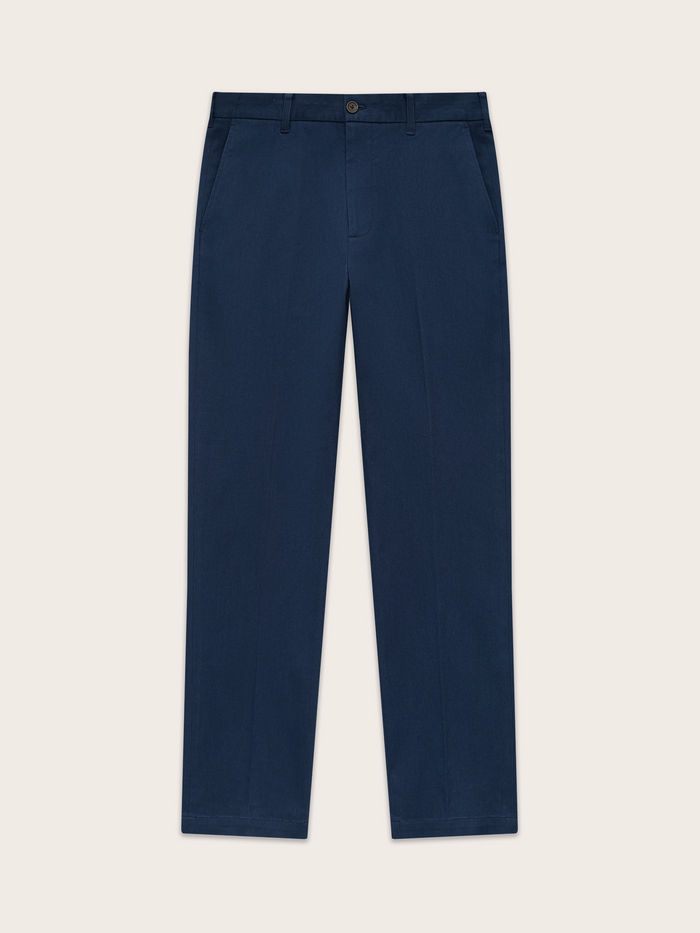 Navy chino pants laid flat, front view, belt loops and side pockets