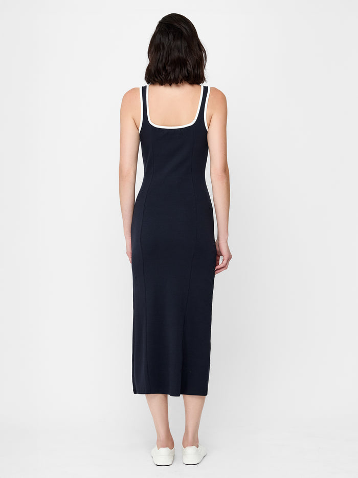 Navy Contrast Trim Square Neck Ribbed Midi Dress