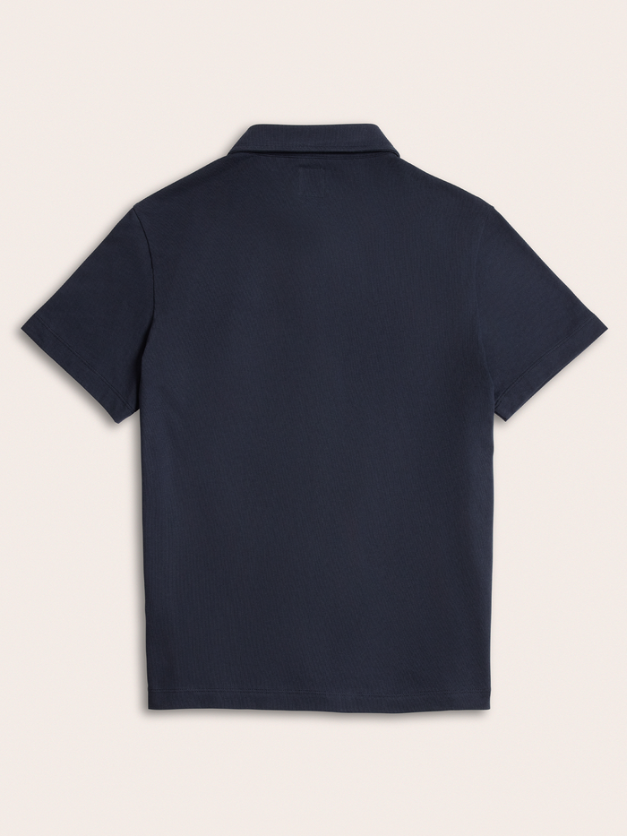 Navy cotton pique polo shirt laid flat, back view