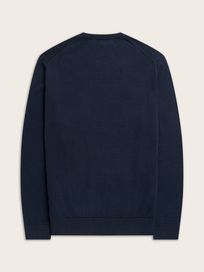 Navy crewneck sweater laid flat, back view