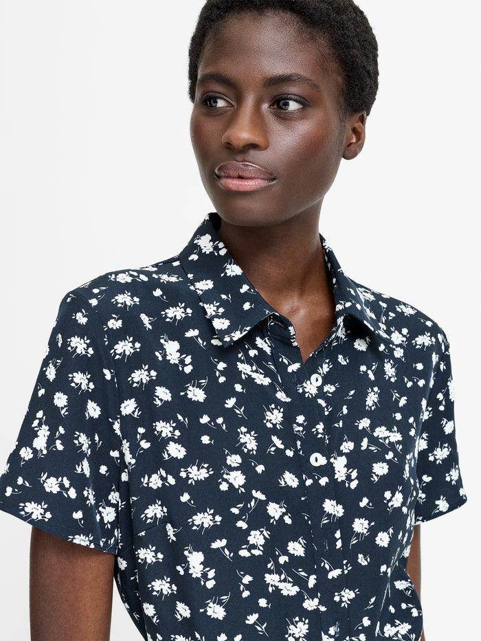 Navy Floral Printed Mini Shirt Dress