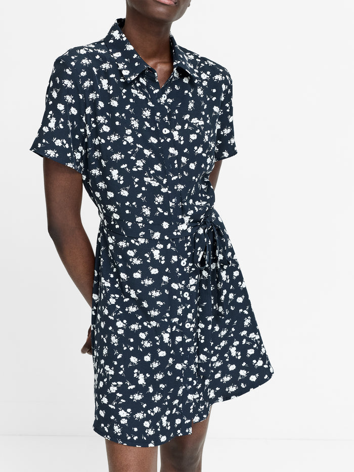 Navy Floral Printed Mini Shirt Dress