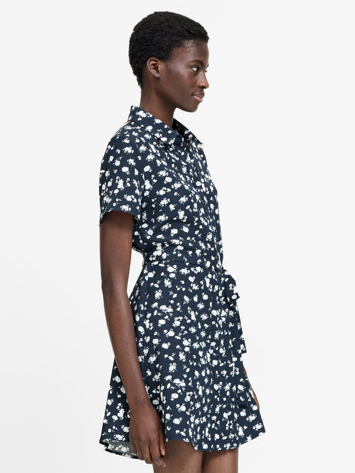 Navy Floral Printed Mini Shirt Dress