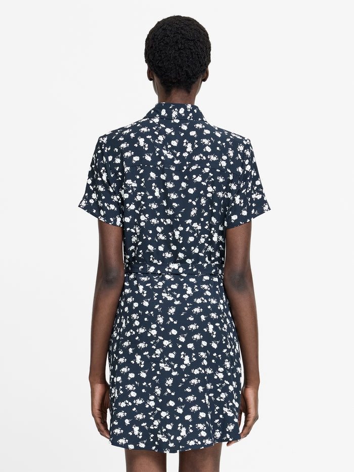 Navy Floral Printed Mini Shirt Dress