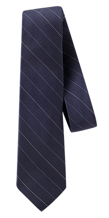 Navy pinstripe linen necktie draped in a loop on light grey background