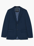 A man wearing a navy Piqué Suit Jacket  with long sleeves, a chest welt pocket and 2 front pockets.
