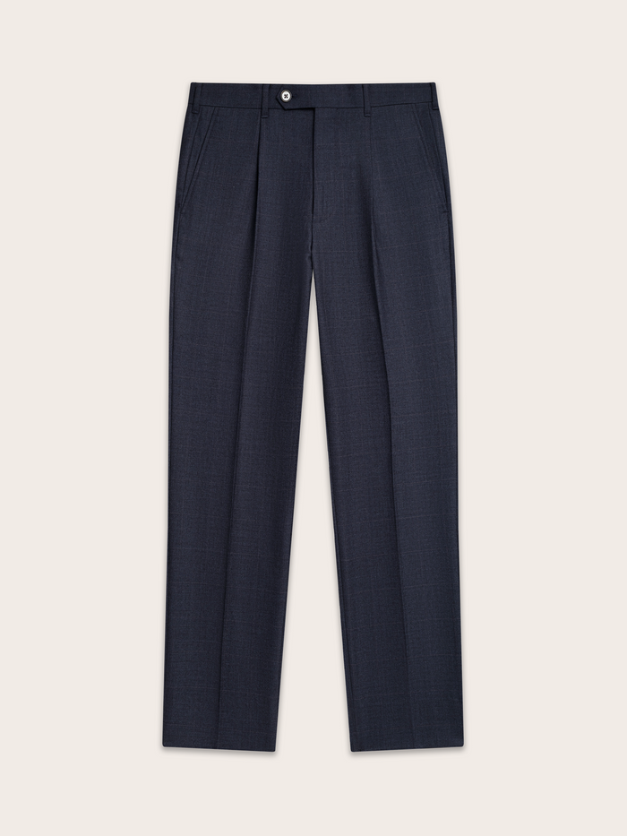 Navy plaid wool suit pants laid flat, pleated front