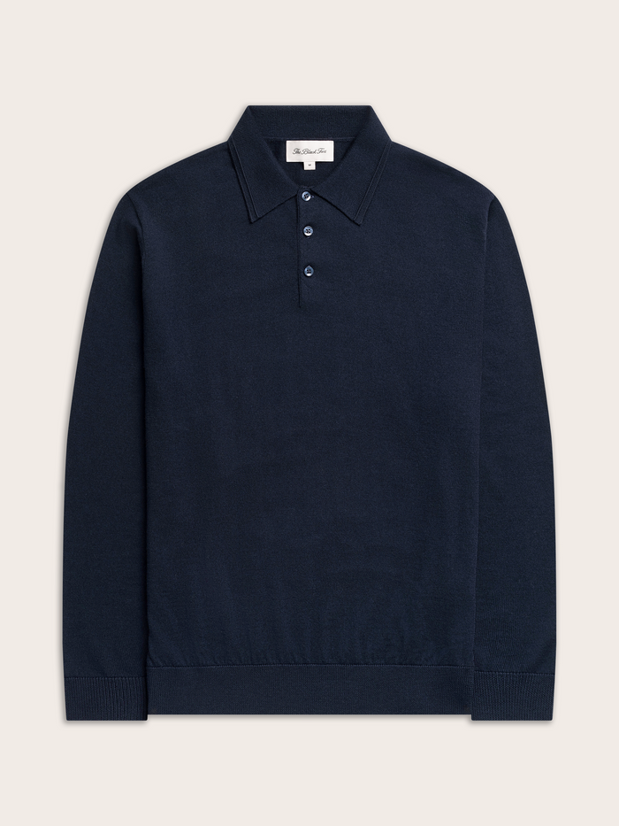 Navy long-sleeve polo sweater laid flat, front view, three-button placket