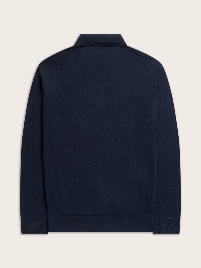 Navy long-sleeve polo sweater laid flat, back view