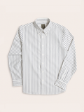 White dress shirt with navy stripes, laid flat, button-down collar