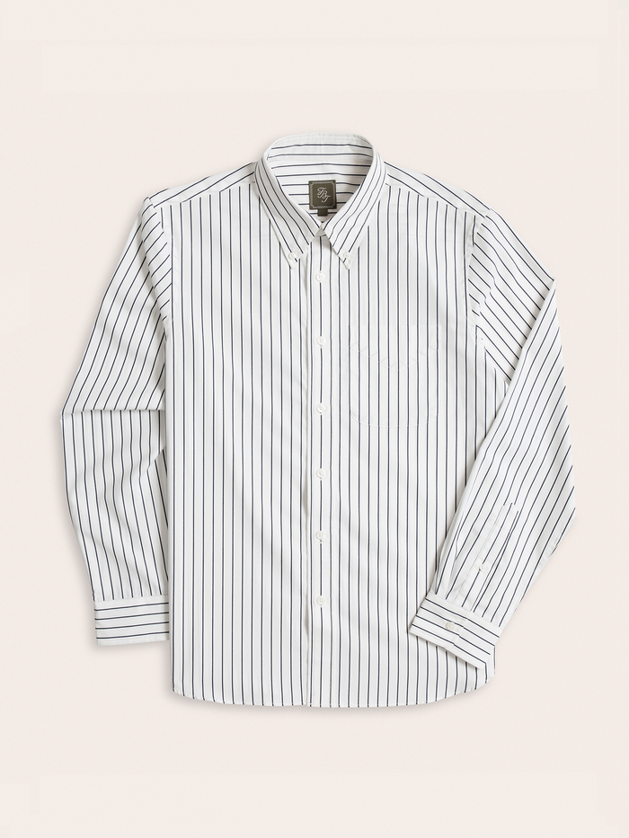 White dress shirt with navy stripes, laid flat, button-down collar