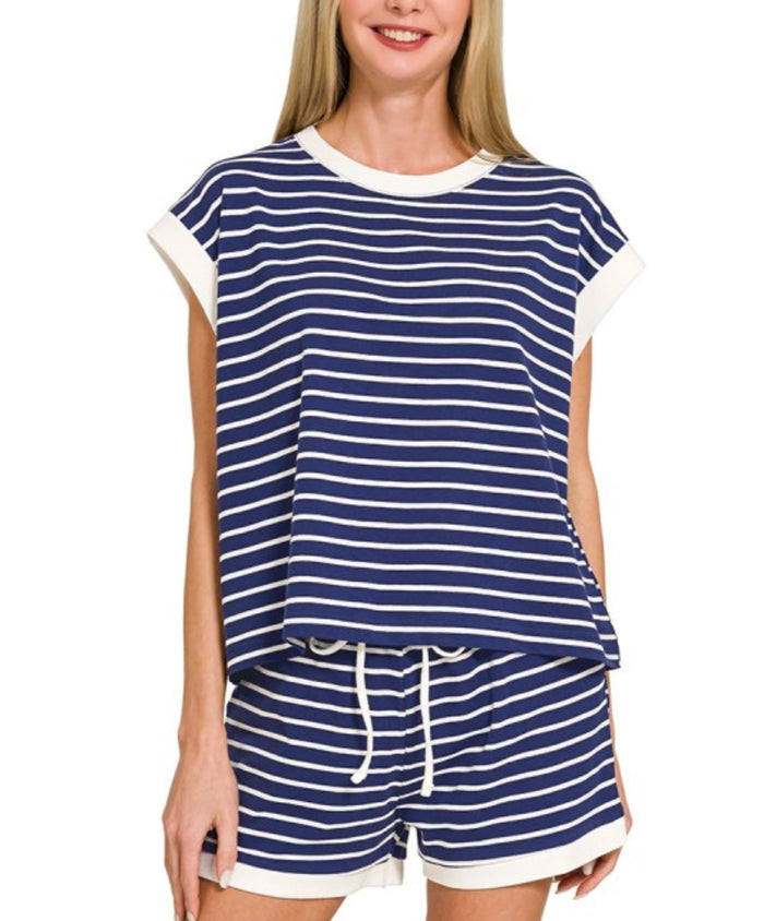 Navy striped top and short set