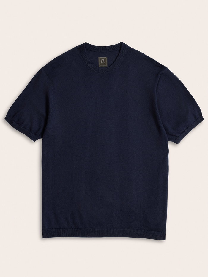 Navy sweater knit tee laid flat, short sleeves, crew neckline