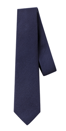 Navy wool-silk necktie hanging vertically, showing matte woven texture